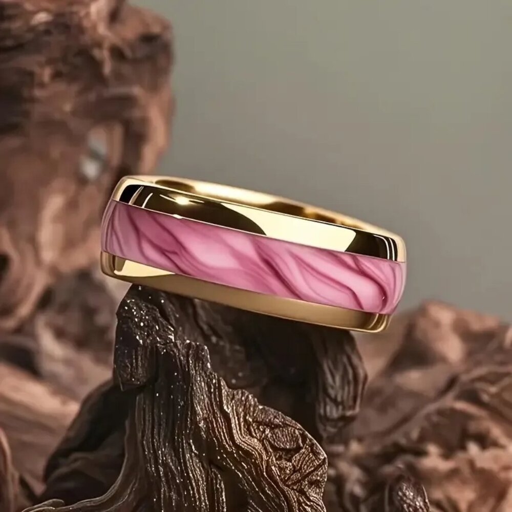 Tungsten Steel Men's & Women's Ring High Polished Red Marble & gold plated rim